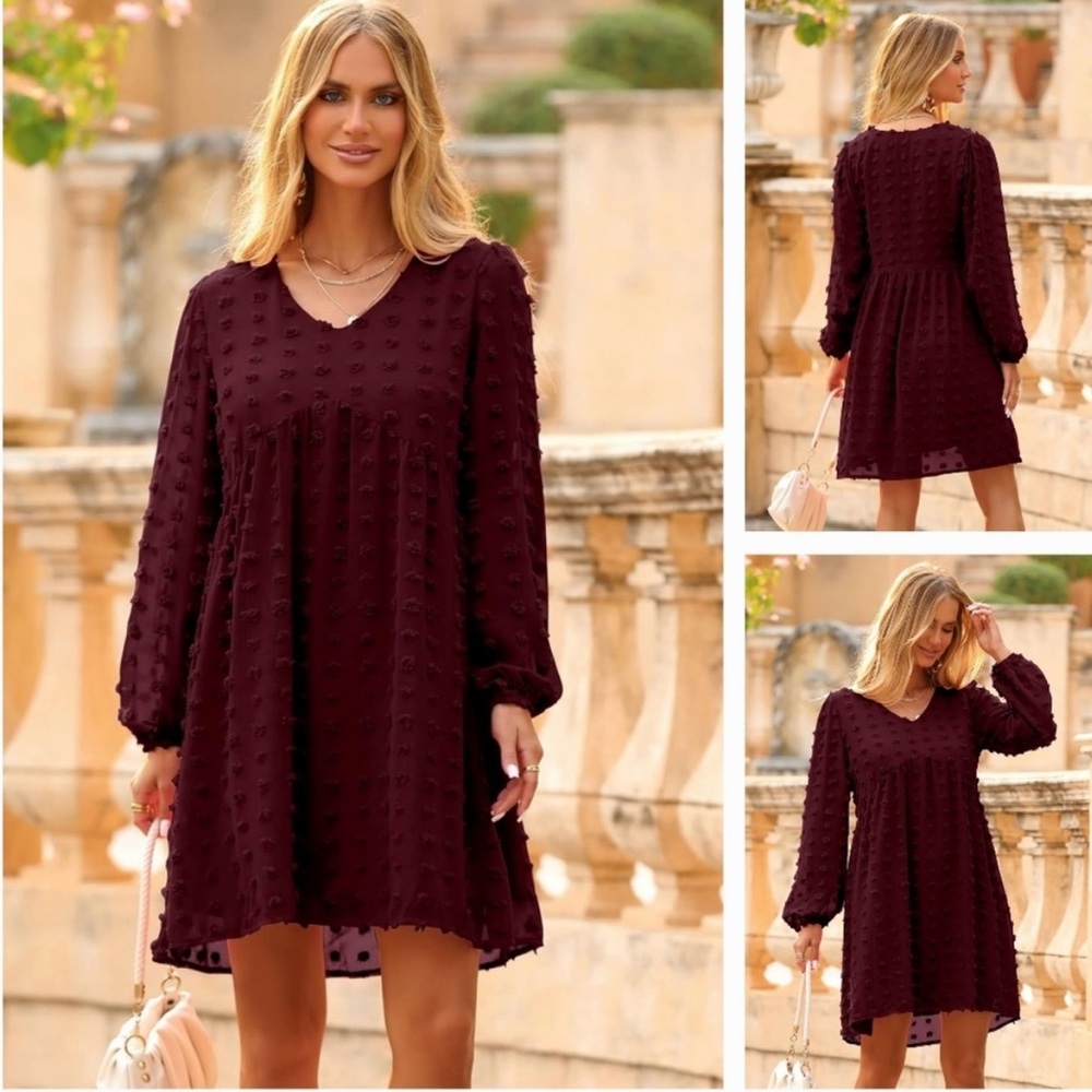 Chic Long Sleeve Burgundy Dress - Picture 2 of 6